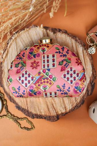  pink  red printed embroidered half moon clutch