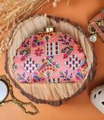  pink  red printed embroidered half moon clutch