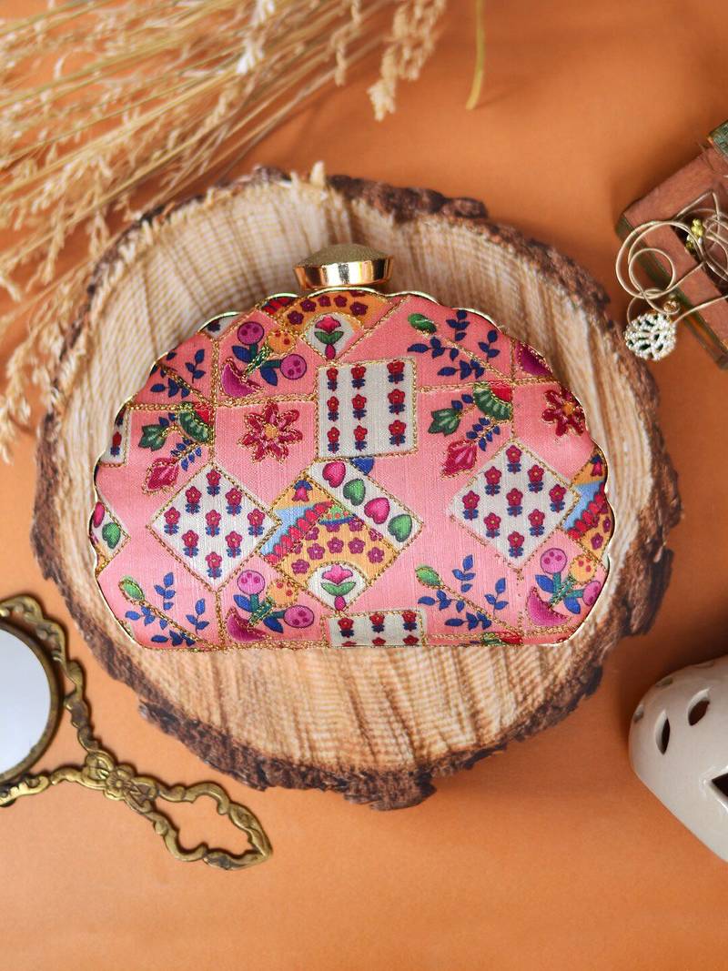  pink  red printed embroidered half moon clutch