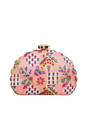  pink  red printed embroidered half moon clutch 2