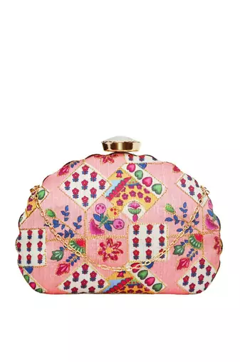  pink  red printed embroidered half moon clutch