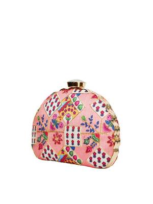  pink  red printed embroidered half moon clutch 3
