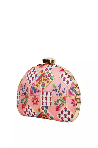 pink  red printed embroidered half moon clutch