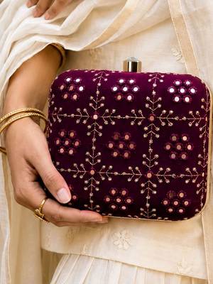  wine based silver threadwork embroidery clutch 1