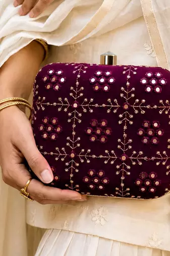  wine based silver threadwork embroidery clutch