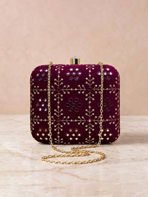  wine based silver threadwork embroidery clutch 2