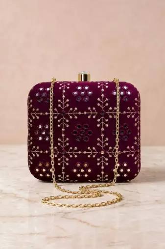 wine based silver threadwork embroidery clutch