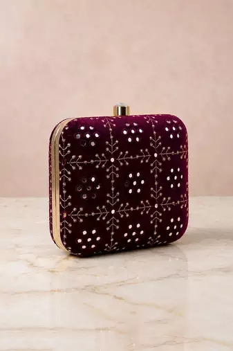  wine based silver threadwork embroidery clutch