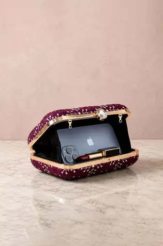  wine based silver threadwork embroidery clutch