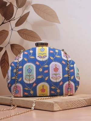  blue based pattern printed golden zari fabric clutch bag for women 1