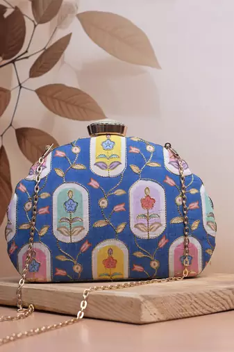  blue based pattern printed golden zari fabric clutch bag for women