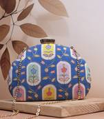  blue based pattern printed golden zari fabric clutch bag for women