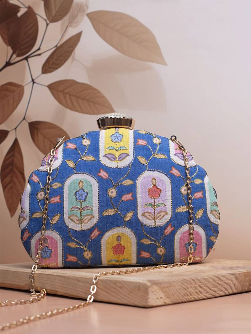  blue based pattern printed golden zari fabric clutch bag for women