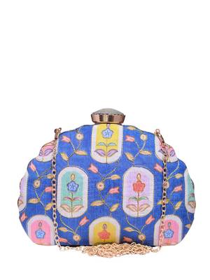  blue based pattern printed golden zari fabric clutch bag for women 2