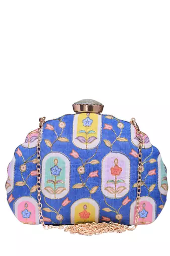  blue based pattern printed golden zari fabric clutch bag for women