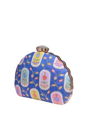  blue based pattern printed golden zari fabric clutch bag for women 3