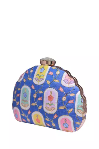  blue based pattern printed golden zari fabric clutch bag for women