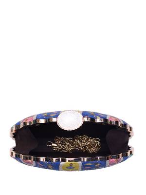  blue based pattern printed golden zari fabric clutch bag for women 4