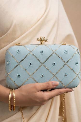  light blue based sequins embrodiery clutch bag for women with detachable strap
