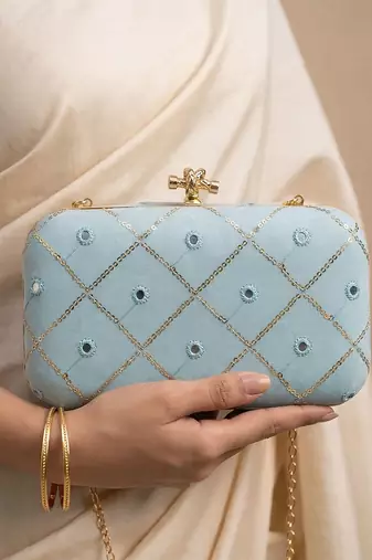  light blue based sequins embrodiery clutch bag for women with detachable strap