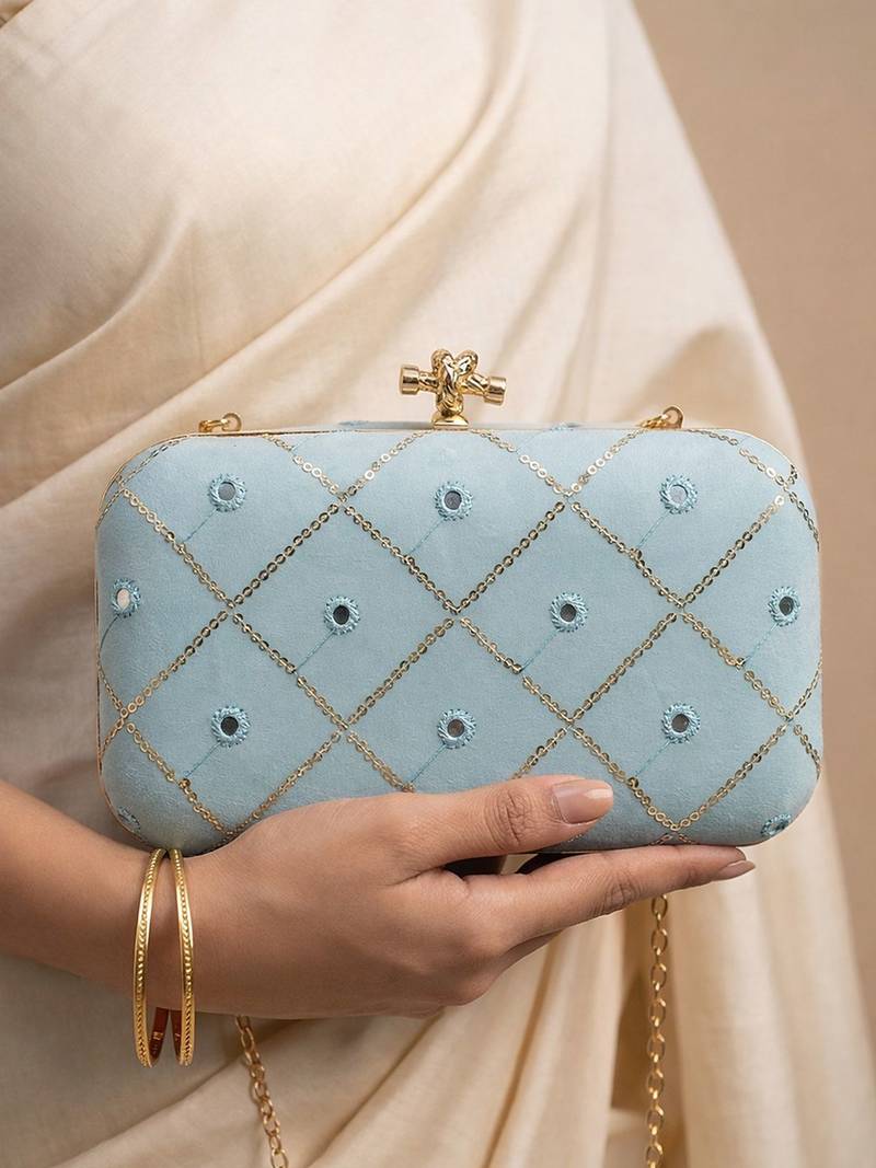  light blue based sequins embrodiery clutch bag for women with detachable strap