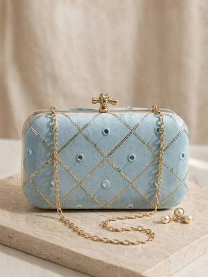  light blue based sequins embrodiery clutch bag for women with detachable strap 2