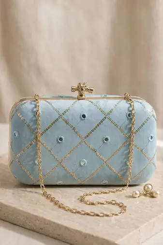  light blue based sequins embrodiery clutch bag for women with detachable strap