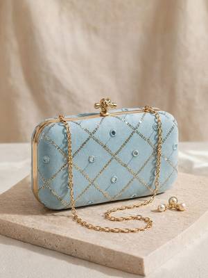  light blue based sequins embrodiery clutch bag for women with detachable strap 3