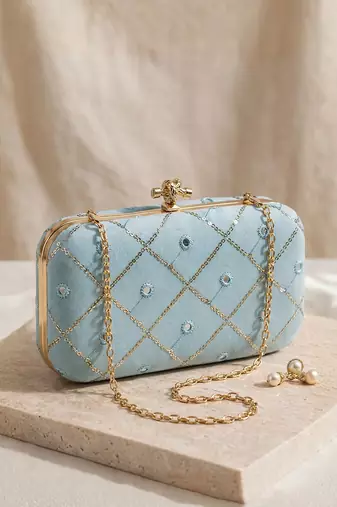  light blue based sequins embrodiery clutch bag for women with detachable strap