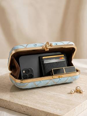  light blue based sequins embrodiery clutch bag for women with detachable strap 4