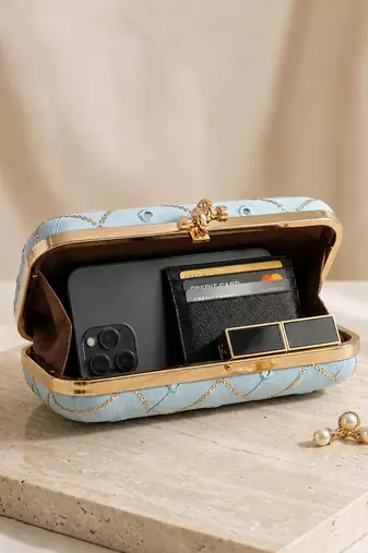  light blue based sequins embrodiery clutch bag for women with detachable strap