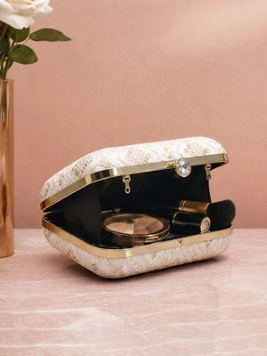  white based threadwork pattern embroidery clutch 4