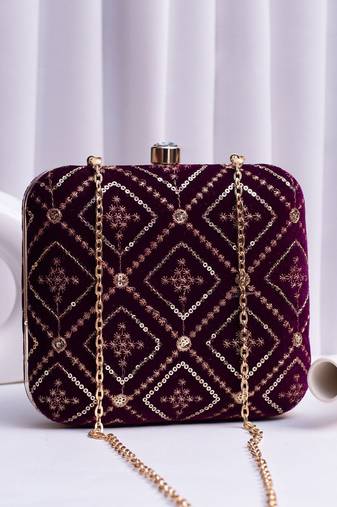  wine based sequins embroidery clutch bag for wonen with detachable strap