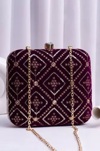  wine based sequins embroidery clutch bag for wonen with detachable strap