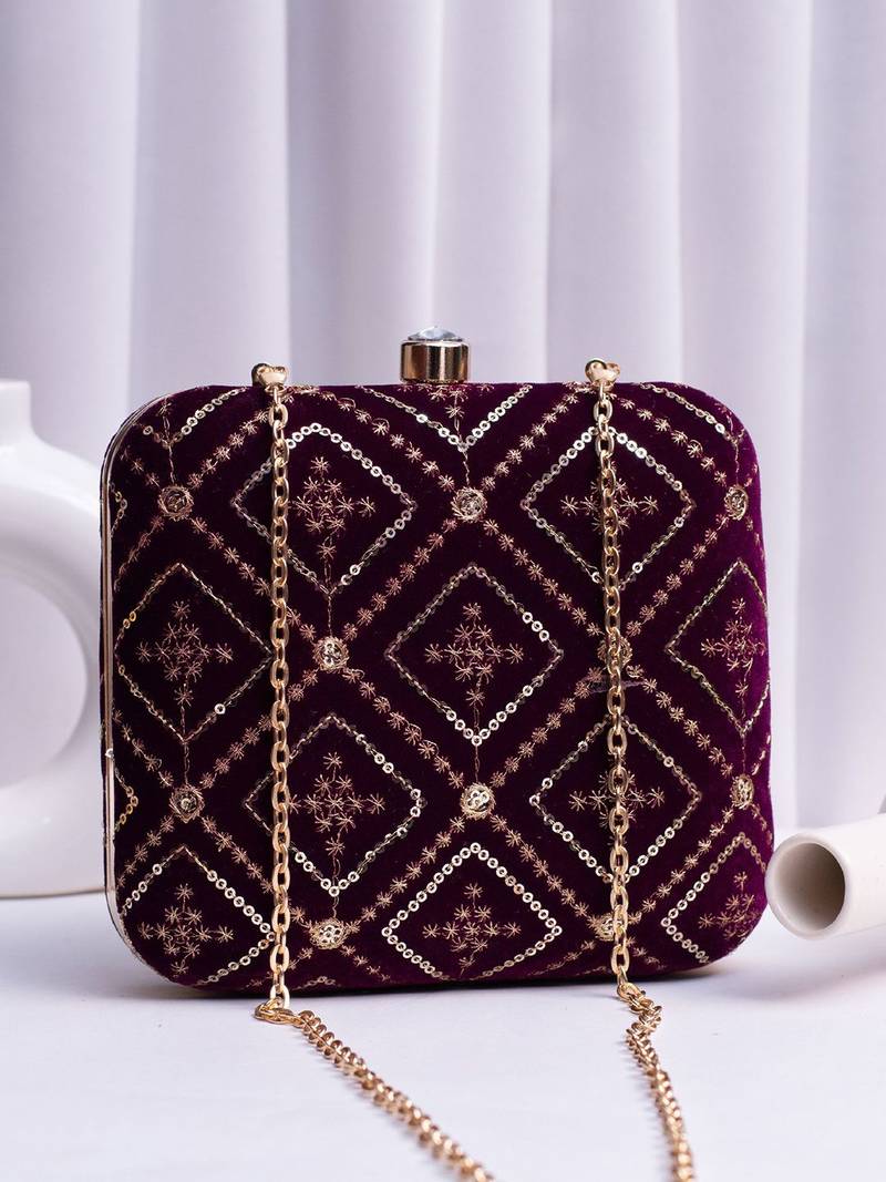  wine based sequins embroidery clutch bag for wonen with detachable strap