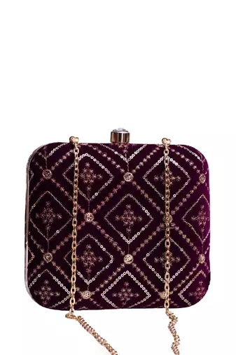  wine based sequins embroidery clutch bag for wonen with detachable strap