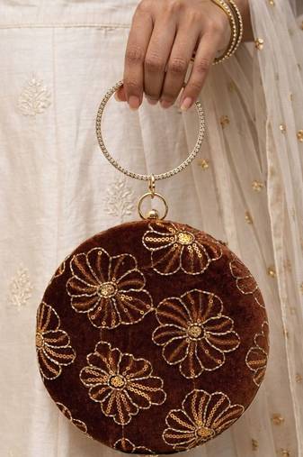  vintage mocha velvet floral embroidery clutch
