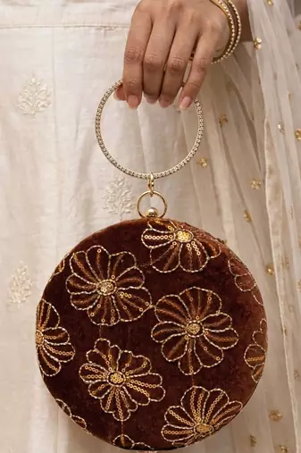  vintage mocha velvet floral embroidery clutch