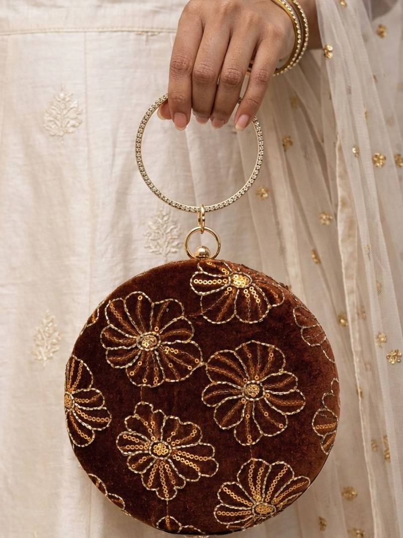  vintage mocha velvet floral embroidery clutch