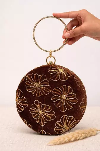 vintage mocha velvet floral embroidery clutch