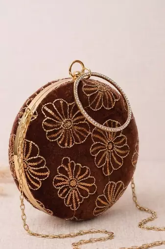  vintage mocha velvet floral embroidery clutch
