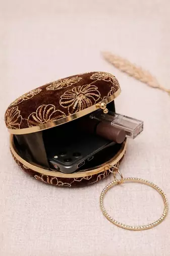  vintage mocha velvet floral embroidery clutch