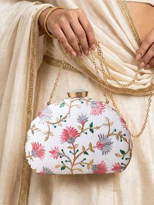  white based pink and grey threadwork embroidery clutch 1