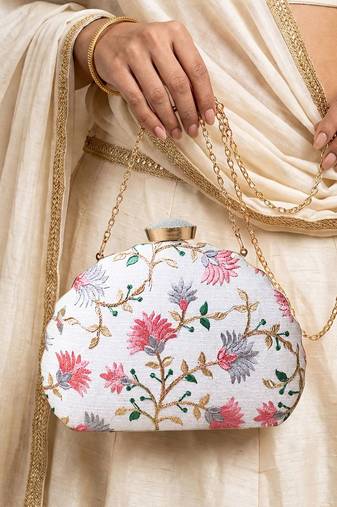  white based pink and grey threadwork embroidery clutch