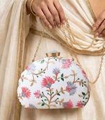  white based pink and grey threadwork embroidery clutch