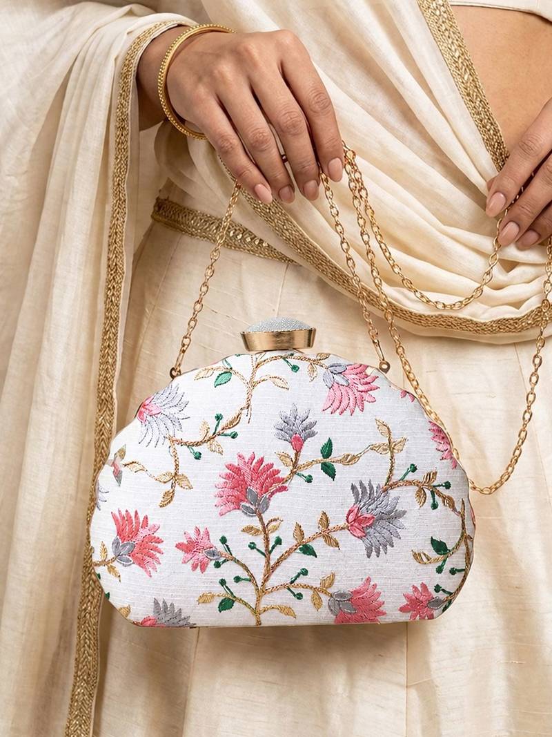  white based pink and grey threadwork embroidery clutch