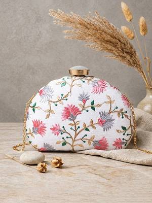  white based pink and grey threadwork embroidery clutch 2