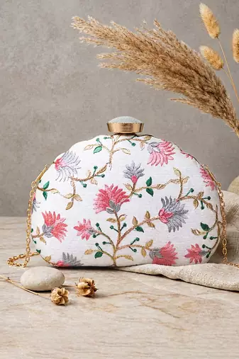  white based pink and grey threadwork embroidery clutch