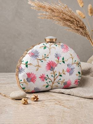  white based pink and grey threadwork embroidery clutch 3