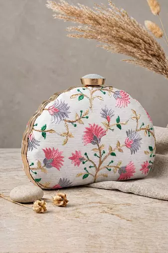  white based pink and grey threadwork embroidery clutch